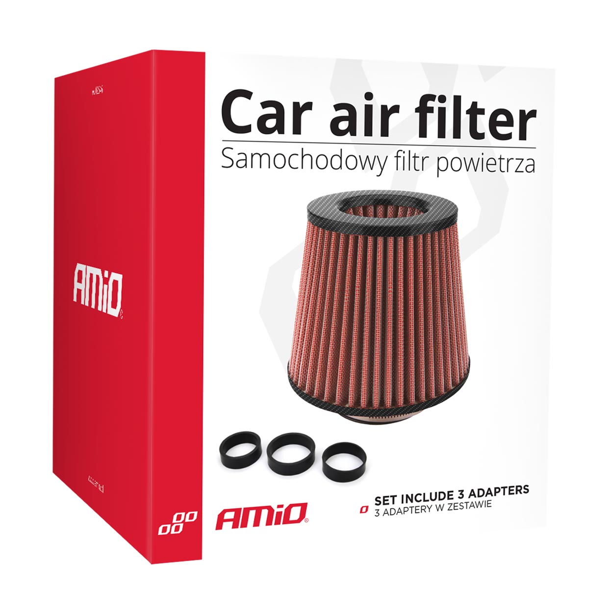 Rødt og carbonfarvet konisk luftfilter til bil