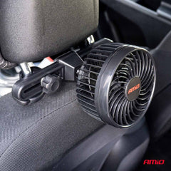 Černý 12V ventilátor do auta s držákem na opěrku hlavy