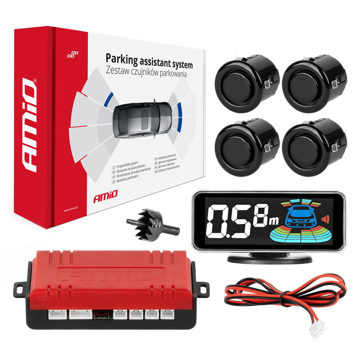 Parkeringsassistent med 3D LED-display og fire sorte sensorer