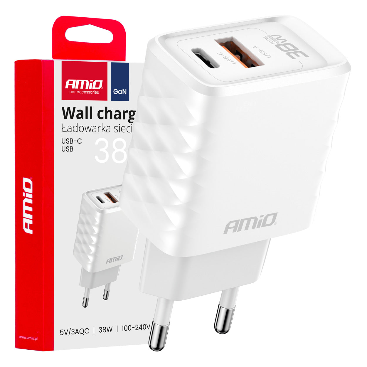 Vægoplader 38 W GaN med USB-A og USB-C