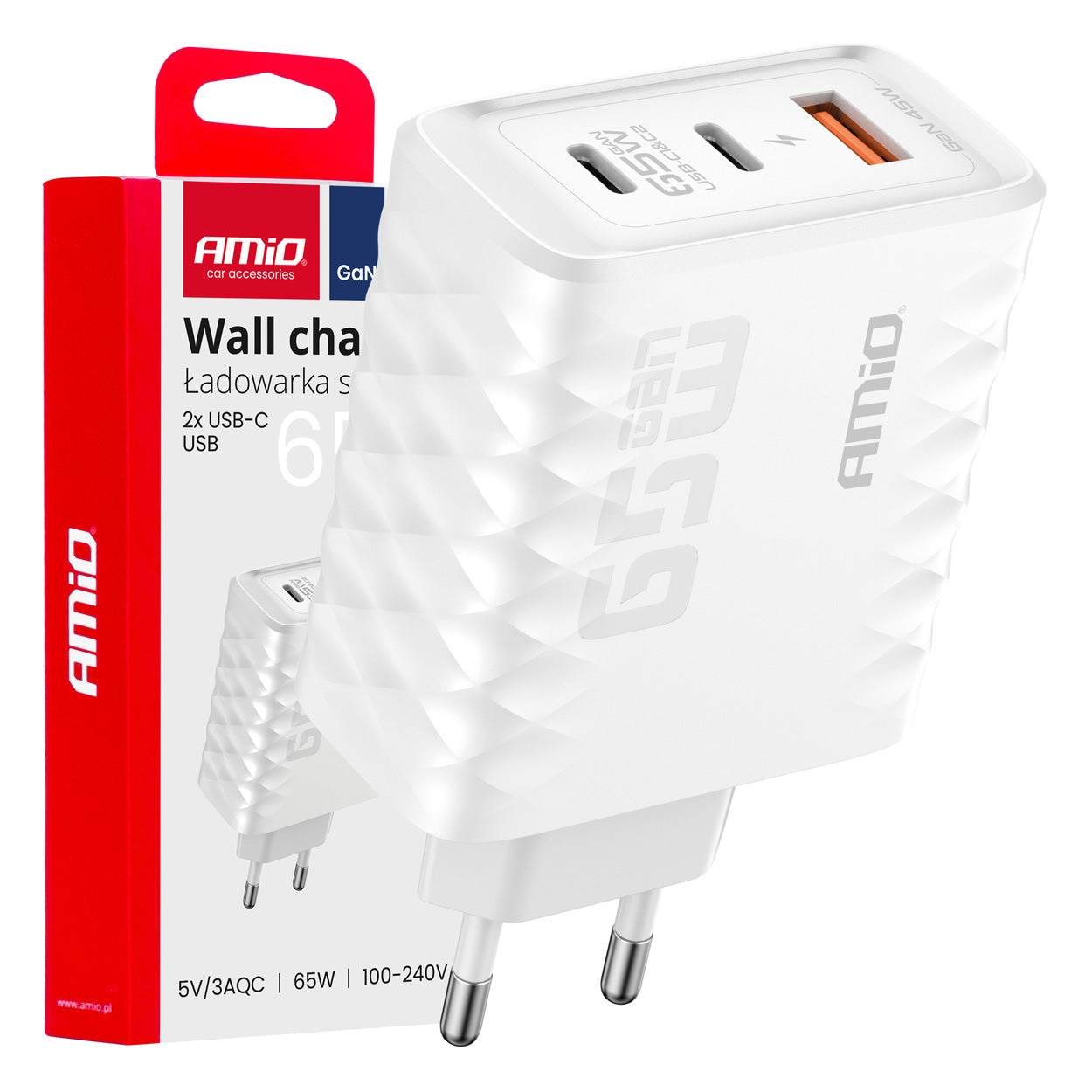 Hurtigoplader på 65 W med USB-A og to USB-C-porte