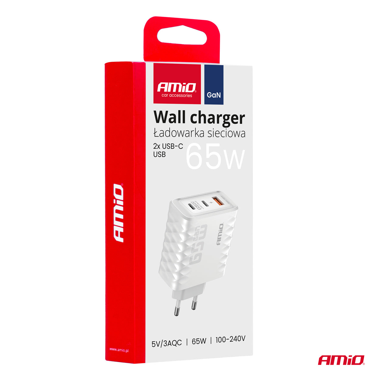USB-oplader med 65 W effekt og tre porte