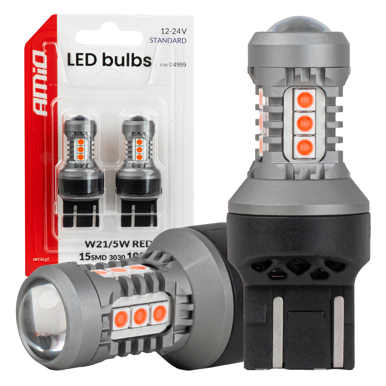 Červená LED žárovka 7443 W21/5W s 15 SMD LED diodami