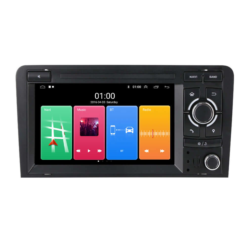 Audi A3 03-12 - 7" Radio m. Apple CarPlay og Android Auto (design 2) med farverig touchskærm og knapper.