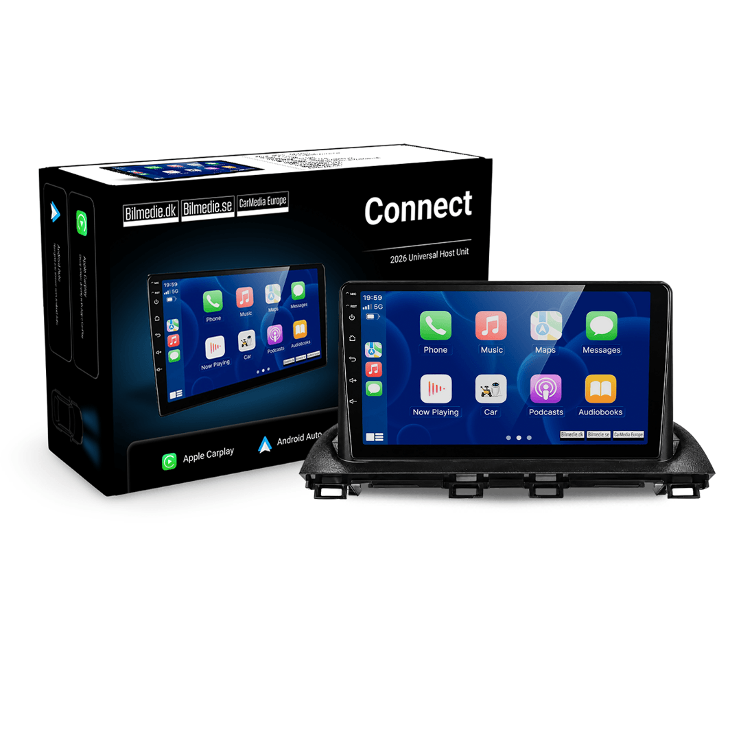 Mazda 3 2014-2019 – Bilmedie Connect 9" radio med Apple CarPlay og Android Auto vises med emballage.