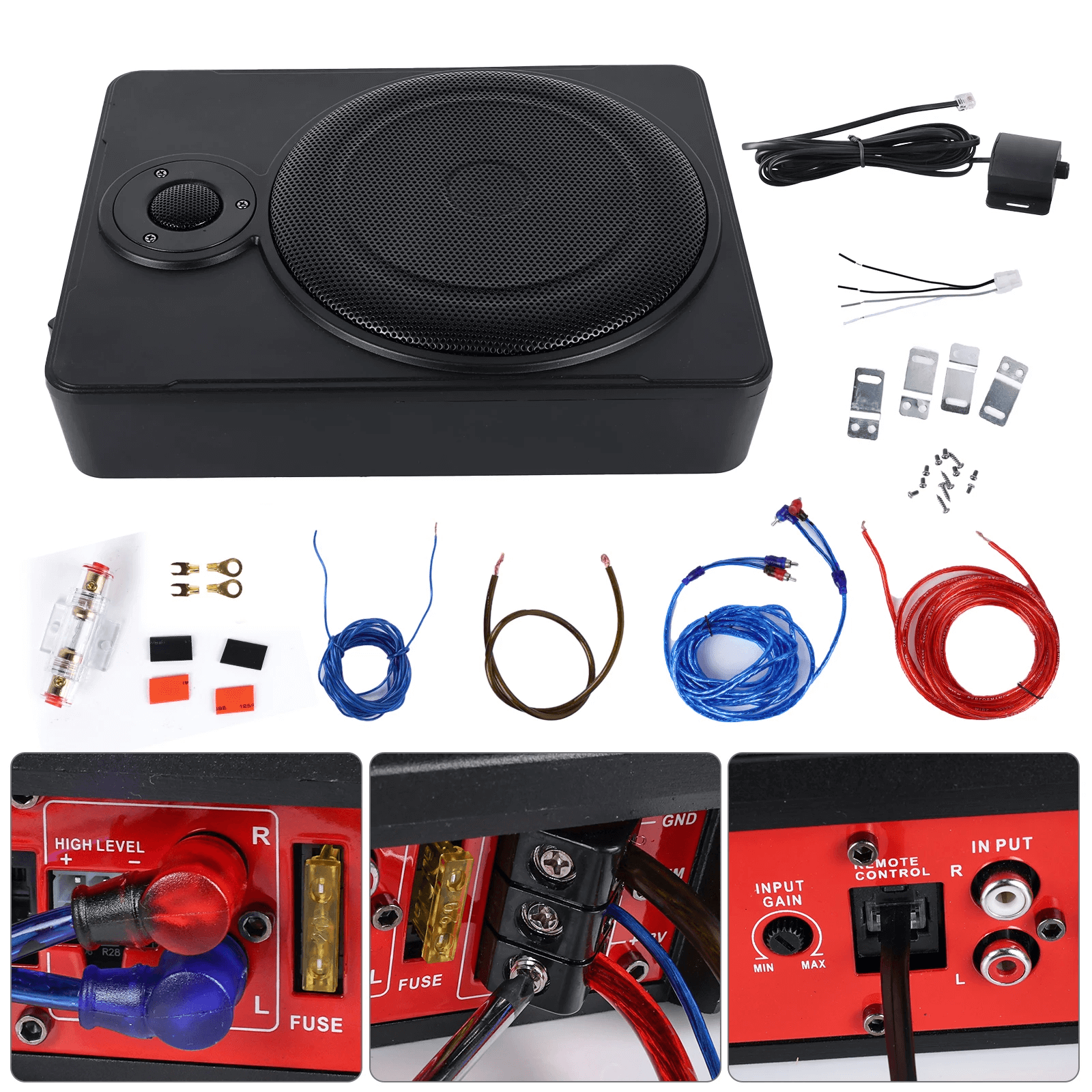 10” slim aktiv subwoofer til bil – 600W under sædet med tilbehør og installationsmuligheder