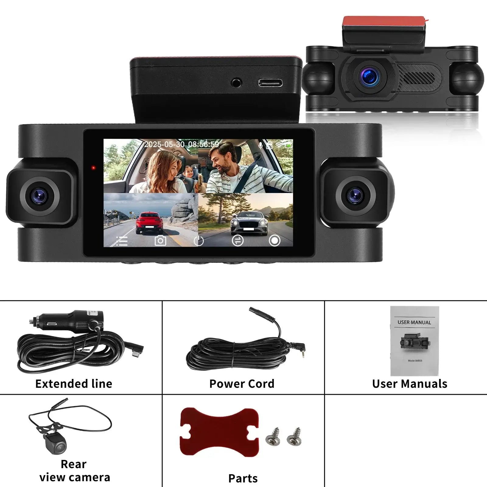 4-linse 2K Dash Cam med Touchskærm og 360° Overvågning med to kameraer og touchskærm i brug.