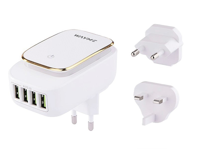 Cestovní nabíječka WAYME se 4× USB-A, LED světlem a adaptéry pro EU, UK a USA