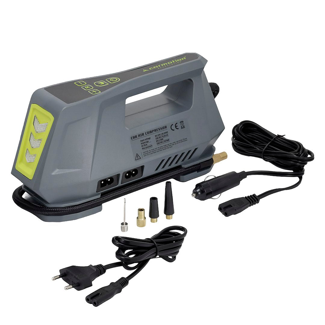 Kompresor vzduchu 12 V a 230 V od CARMOTION s digitálním manometrem a LED osvětlením