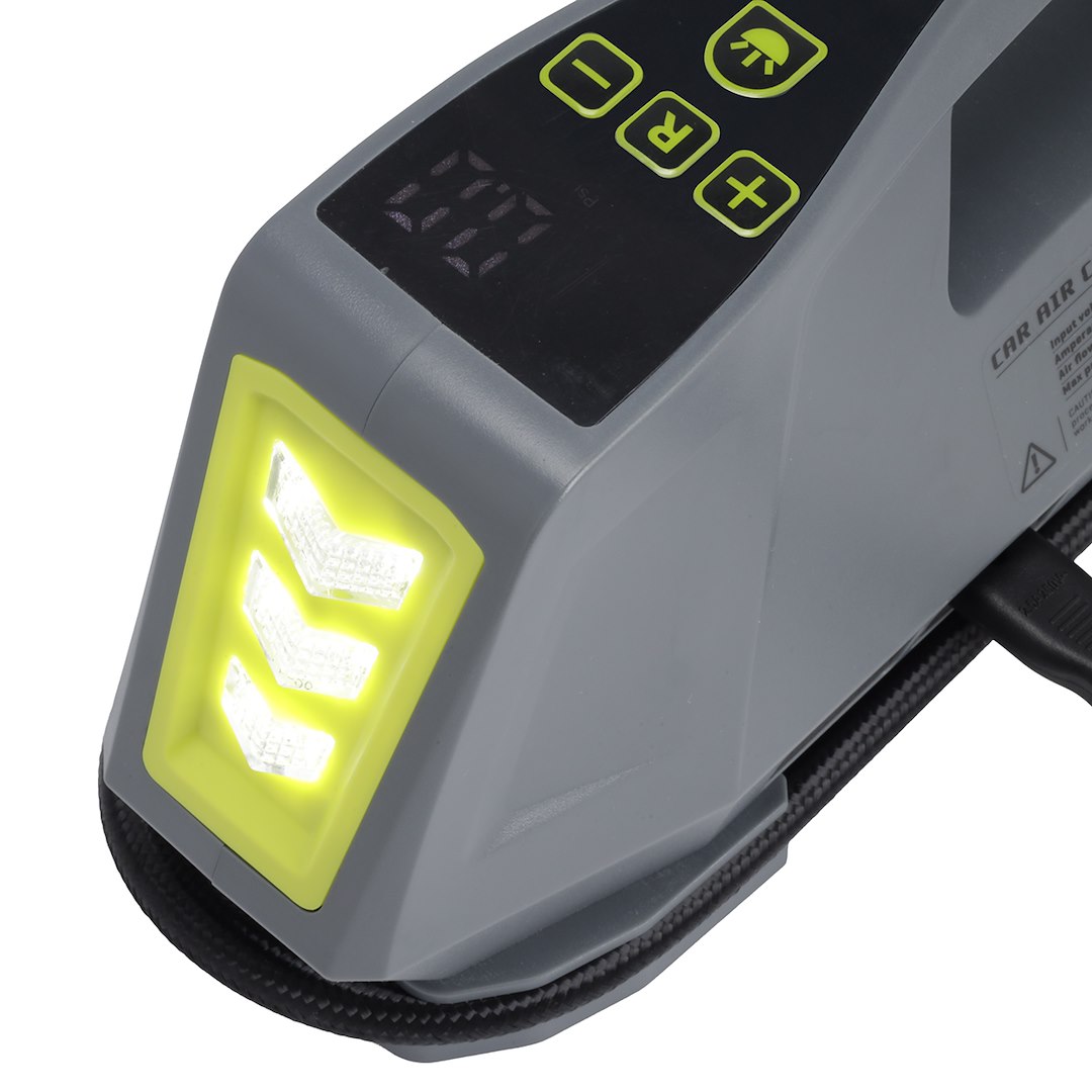 Kompaktní vzduchový kompresor na 12 V a 230 V s LED svítilnou