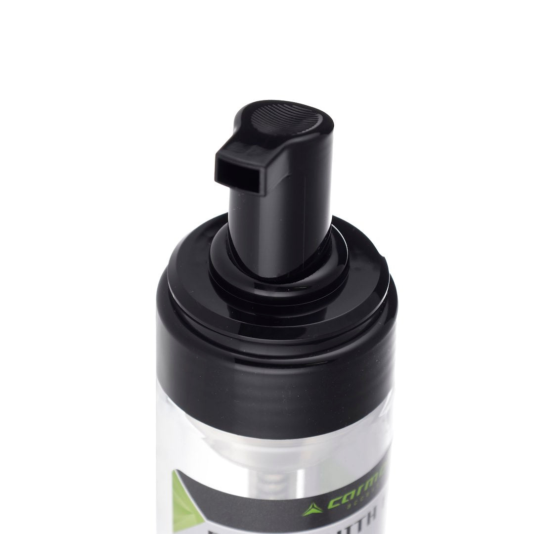 Průhledná pěnová lahvička s černou pumpičkou a víčkem, 150 ml
