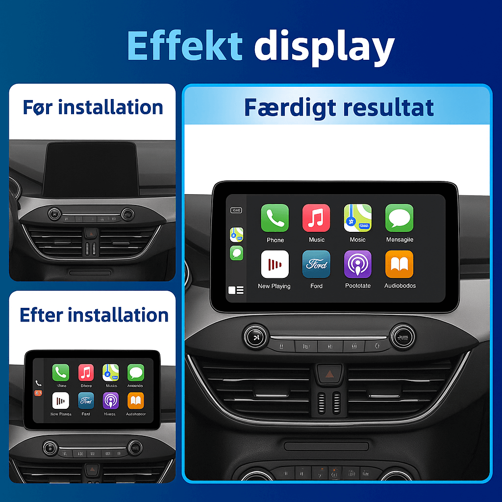 Ford Focus 19-22 - 12,3" autorádio s Apple CarPlay a Android Auto – vzhled displeje před a po instalaci