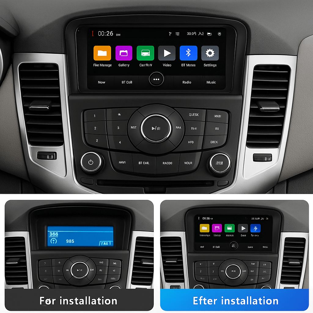 Chevrolet Cruze 09-14 - 7" rádio s Apple CarPlay a Android Auto porovnání instalace před a po