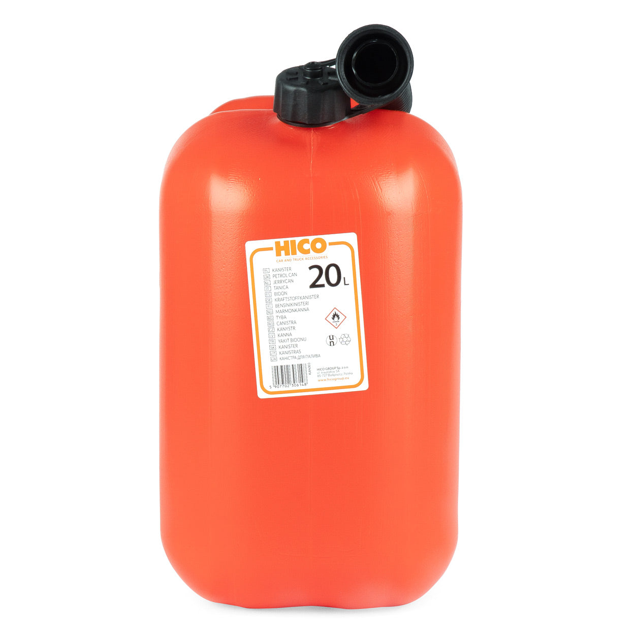 Červený 20litrový plastový kanystr s nálevkou