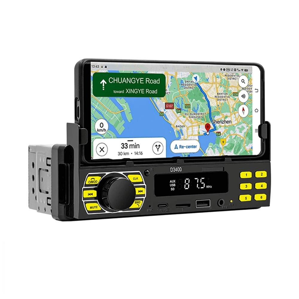 Univerzální 1-DIN rádio s držákem telefonu, USB-C a Bluetooth 5.1 s GPS navigací v telefonu.
