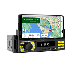 Univerzální 1-DIN rádio s držákem telefonu, USB-C a Bluetooth 5.1 s GPS navigací v telefonu.