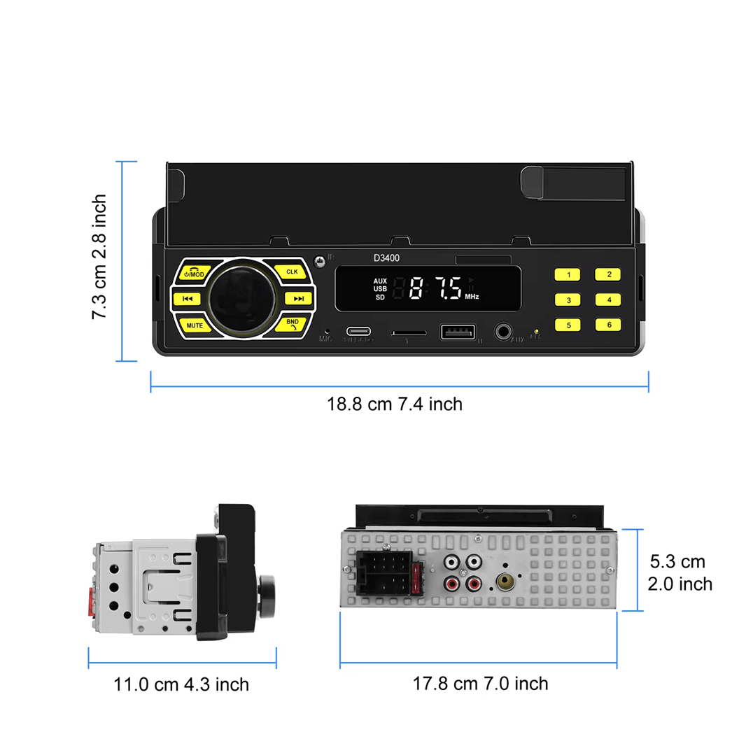 Univerzální 1-DIN rádio s držákem telefonu, USB-C a Bluetooth 5.1 s digitálním displejem a porty.