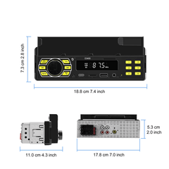 Univerzální 1-DIN rádio s držákem telefonu, USB-C a Bluetooth 5.1 s digitálním displejem a porty.