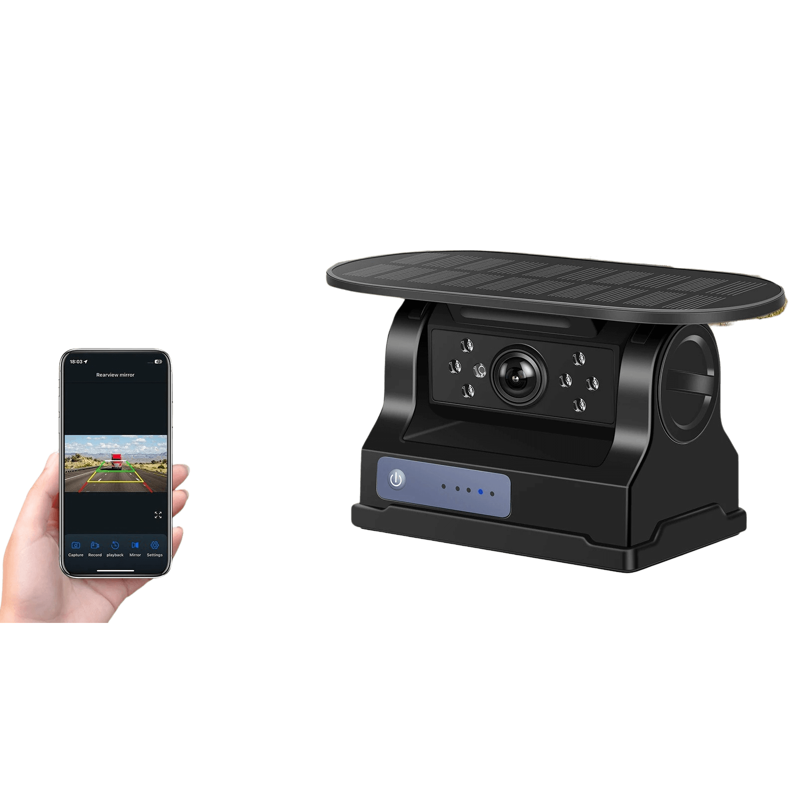 Magnetisk bakkamera med app - Trådløs, der viser kameraet og tilsluttet smartphone med live billede.