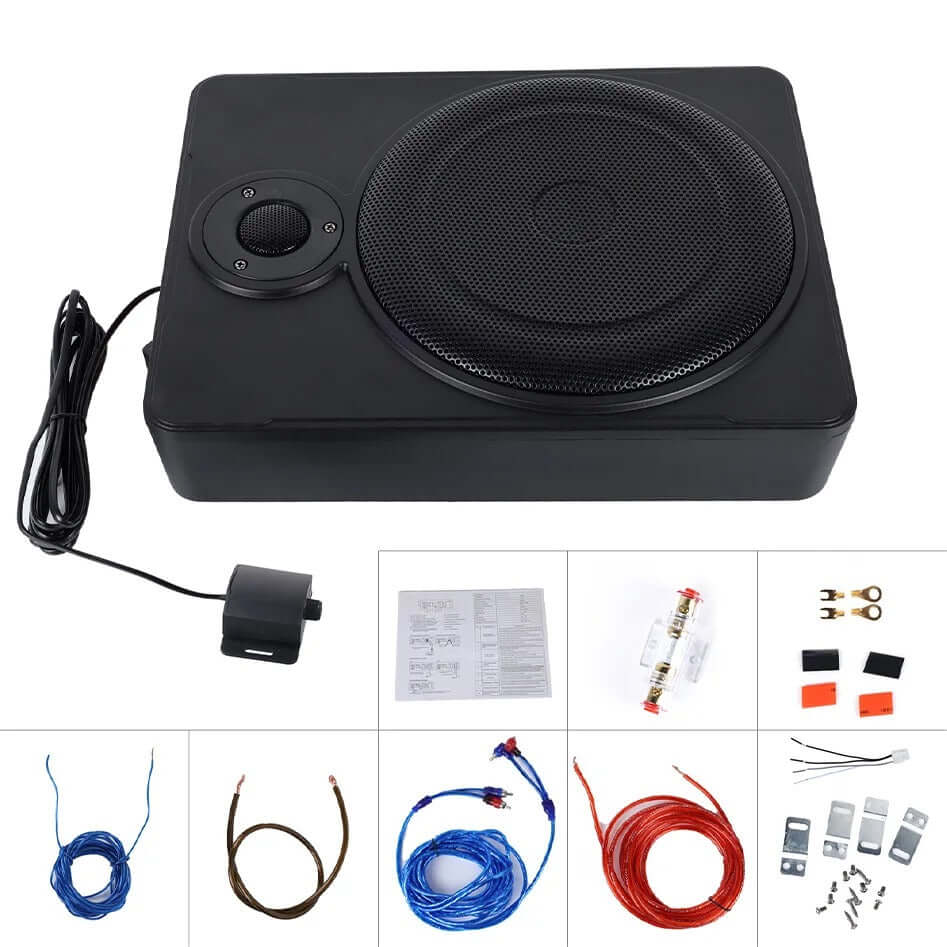 10” slim aktiv subwoofer til bil – 600W under sædet med en kompakt design og tilbehør til installation.