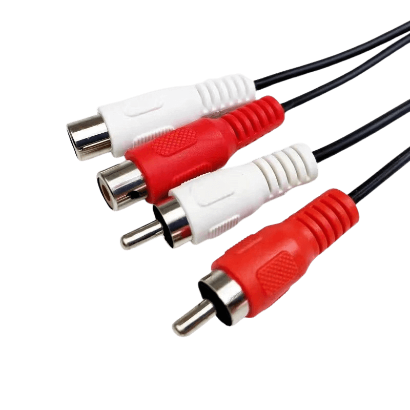 Prodlužovací RCA kabel – 1 metr (červený/bílý, samec na samici) s červenými a bílými konektory, ideální pro audio připojení.