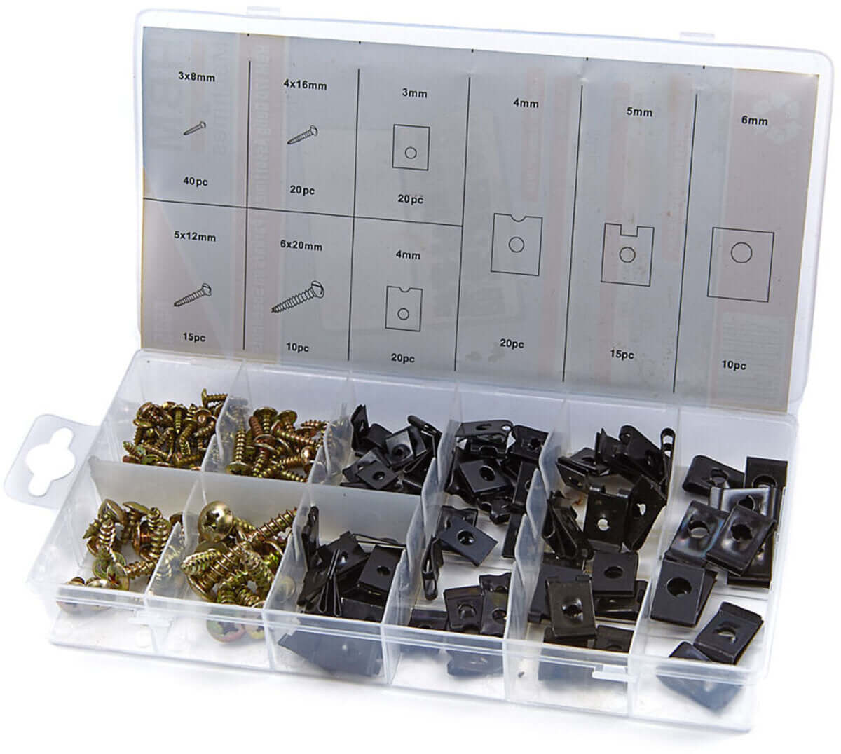 Pladeclips & Pladeskruer Sortiment 170 Dele – Komplet Sæt med assorterede clips og skruer i transparent opbevaring