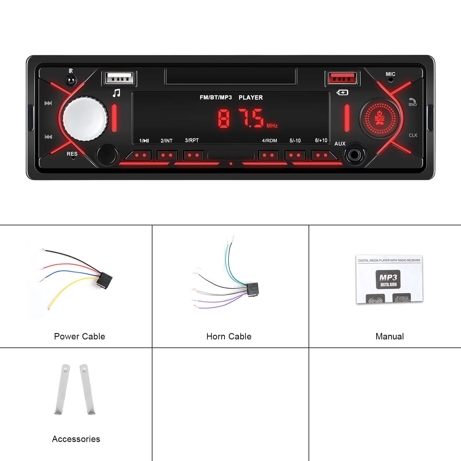 Universel 1-DIN radio m. Bluetooth, FM & USB – MP3 Afspiller med LED Display kontrolpanel med tilbehør