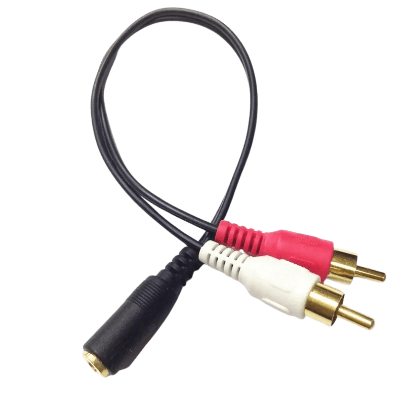 RCA na 3,5 mm AUX rozdvojka – samec (červený/bílý) na samici (jack) kabel pro audio připojení.
