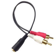 RCA na 3,5 mm AUX rozdvojka – samec (červený/bílý) na samici (jack) kabel pro audio připojení.